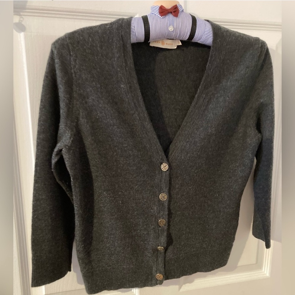TORY BURCH Gray Cardigan Sweater Classic Knit